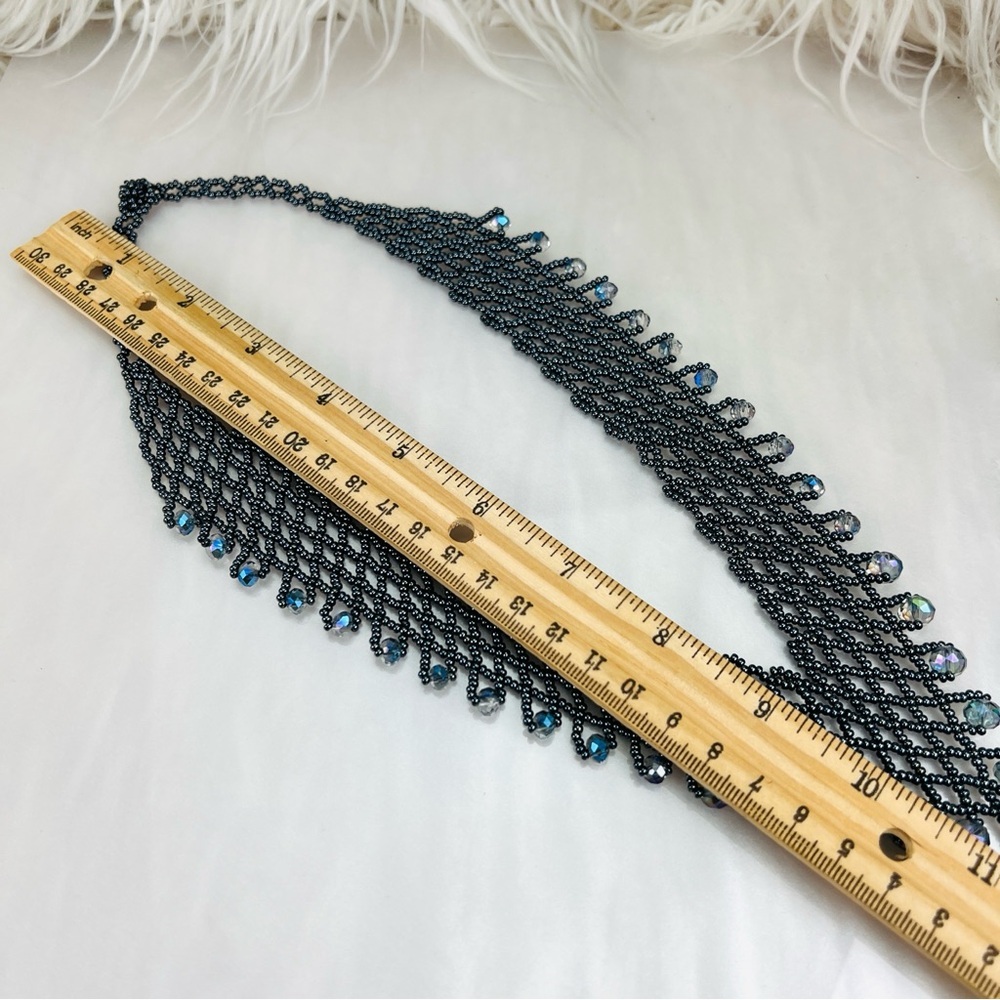 Beautiful beaded, long, blueish gray, reflective statement, necklace - Picture 9 of 9